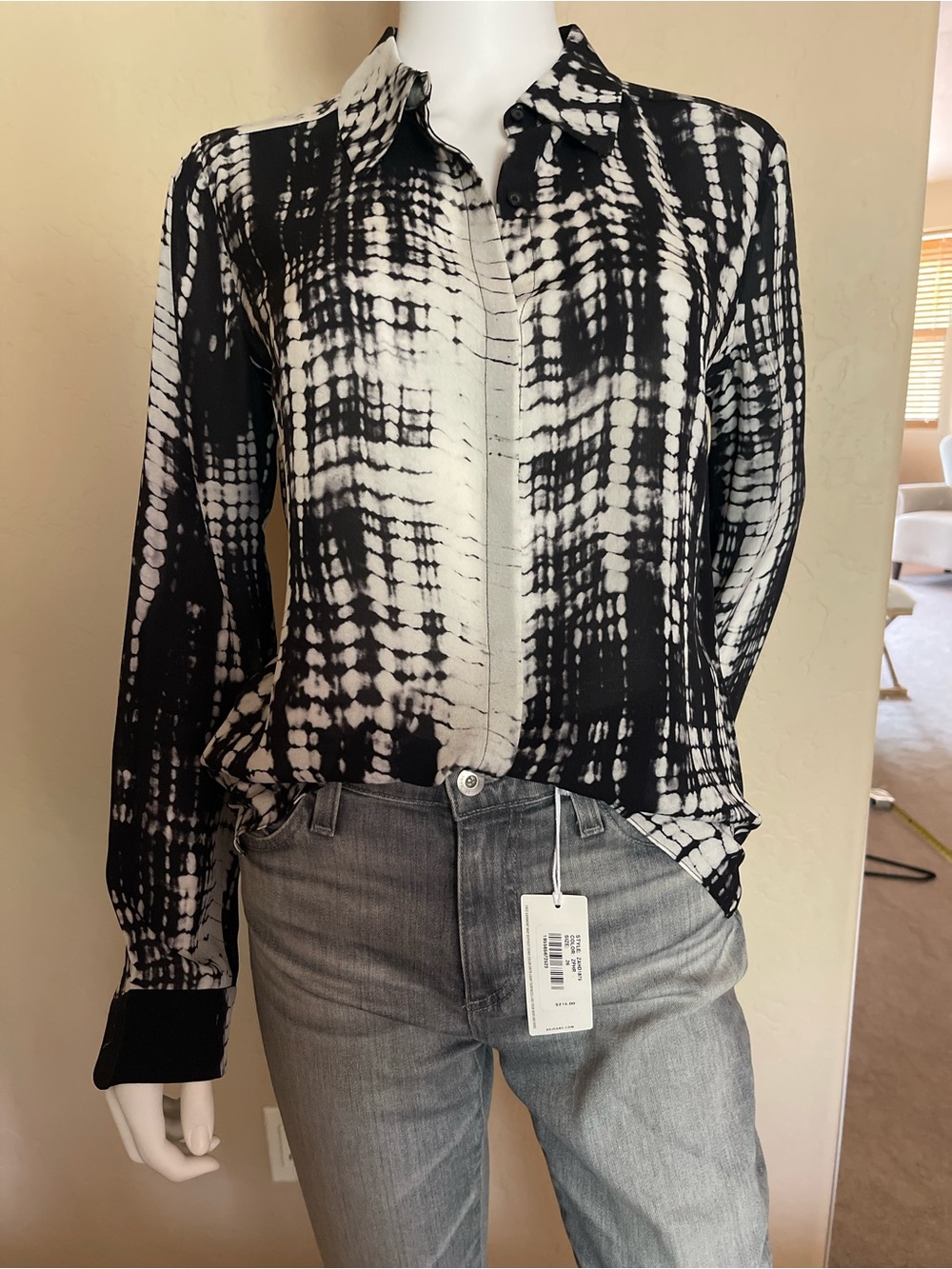 A.L.C. Silk Abstract Print Blouse | Black & Ivory | Size 6